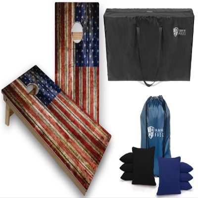 Tournament Grade Tailgating Pros American Flag Wooden Plank Design Cornhole Board Set w/Bean Bags and Carrying Case - 4'x2' Corn Hole Toss Game w/Ring Light