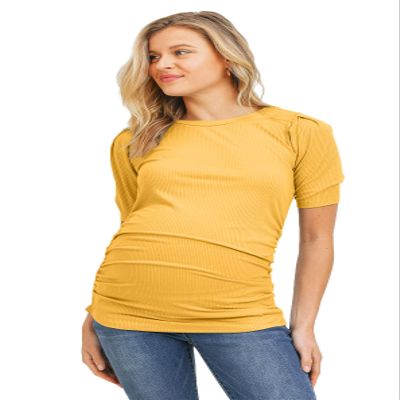 LaClef Women's Maternity Puff Sleeve Ribbed T-Shirt Top (Mustard, X-Large)