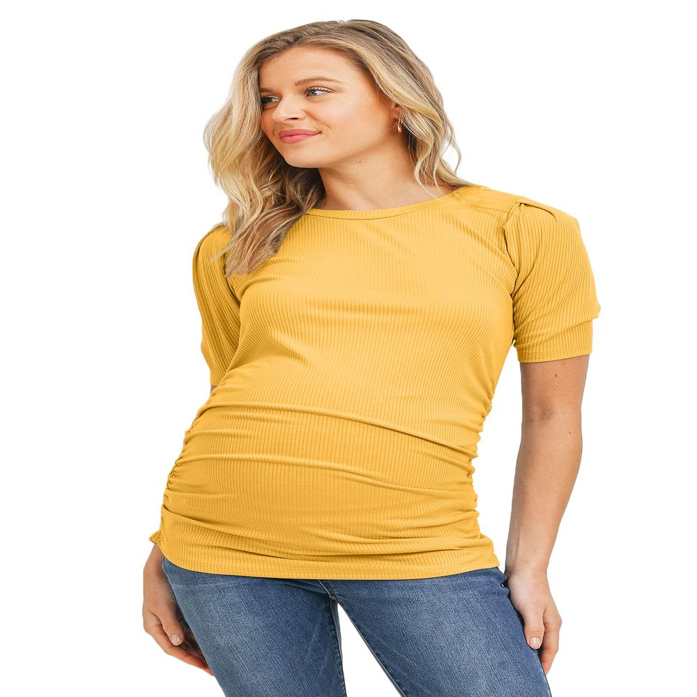 LaClef Women's Maternity Puff Sleeve Ribbed T-Shirt Top (Mustard, X-Large)