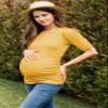 LaClef Women's Maternity Puff Sleeve Ribbed T-Shirt Top (Mustard, X-Large) view 2