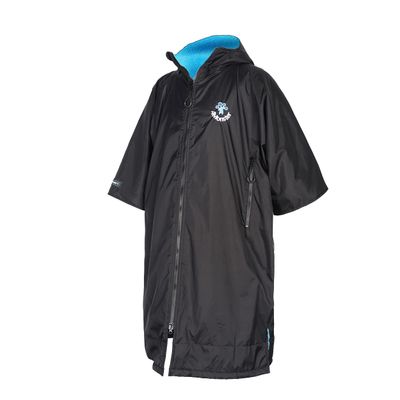 4MonsterSwim Parka with Hood,Quick-Dry Wetsuit Changing Robe Waterproof,Warm Coat Surf Poncho for Water Sport, Beach&Pool (Short Sleeve Black, X-Large)