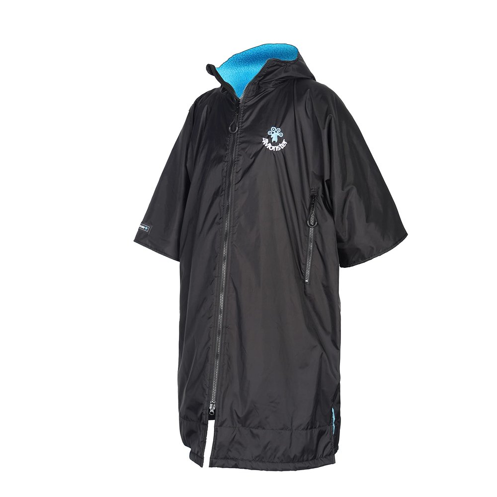 4MonsterSwim Parka with Hood,Quick-Dry Wetsuit Changing Robe Waterproof,Warm Coat Surf Poncho for Water Sport, Beach&Pool (Short Sleeve Black, X-Large)