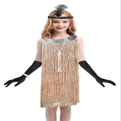 1920s Kids Sequined Fringed Chicken Feather Dress Latin Dance Performance Costume Accessories Set (Large, Style 5 Pink)