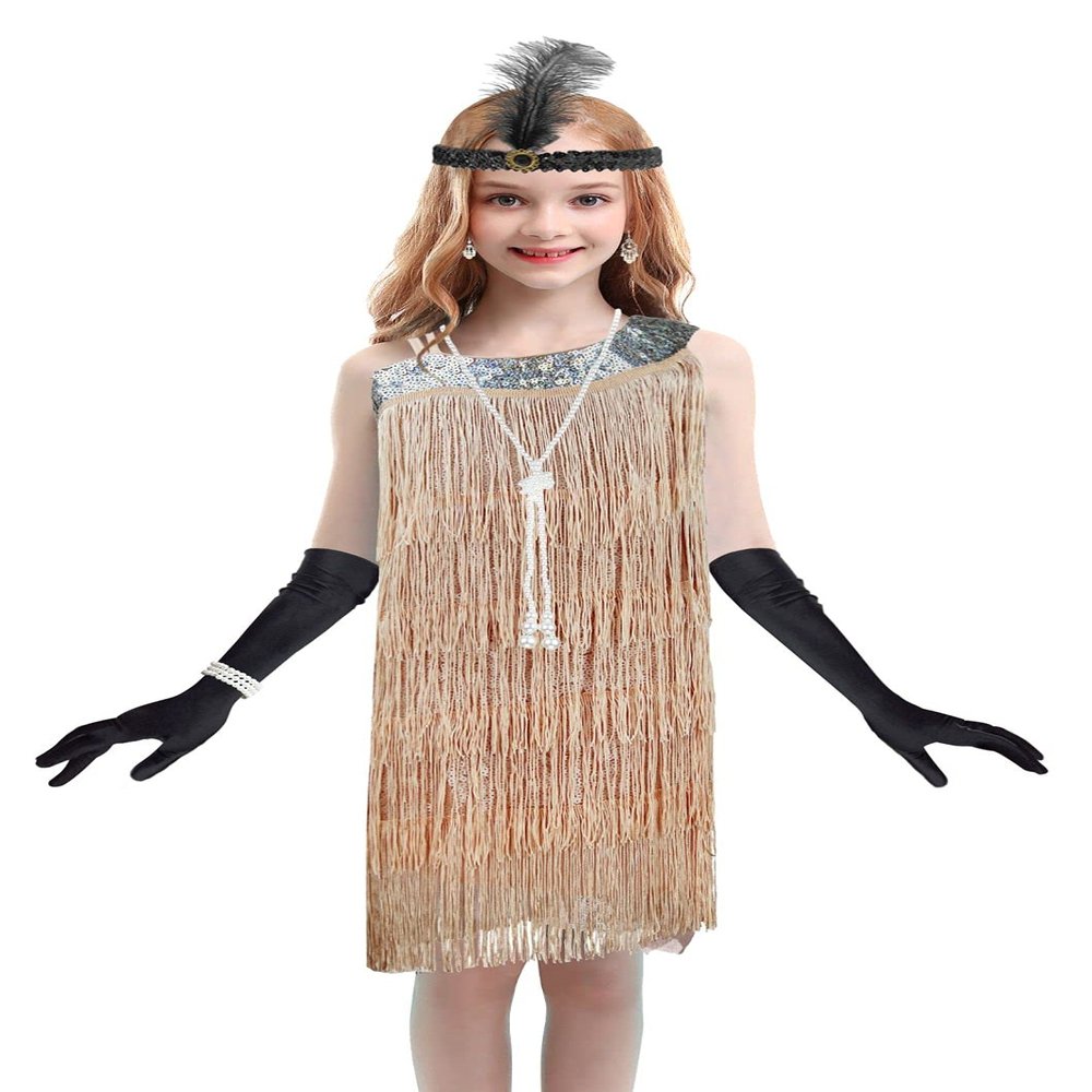 1920s Kids Sequined Fringed Chicken Feather Dress Latin Dance Performance Costume Accessories Set (Large, Style 5 Pink)