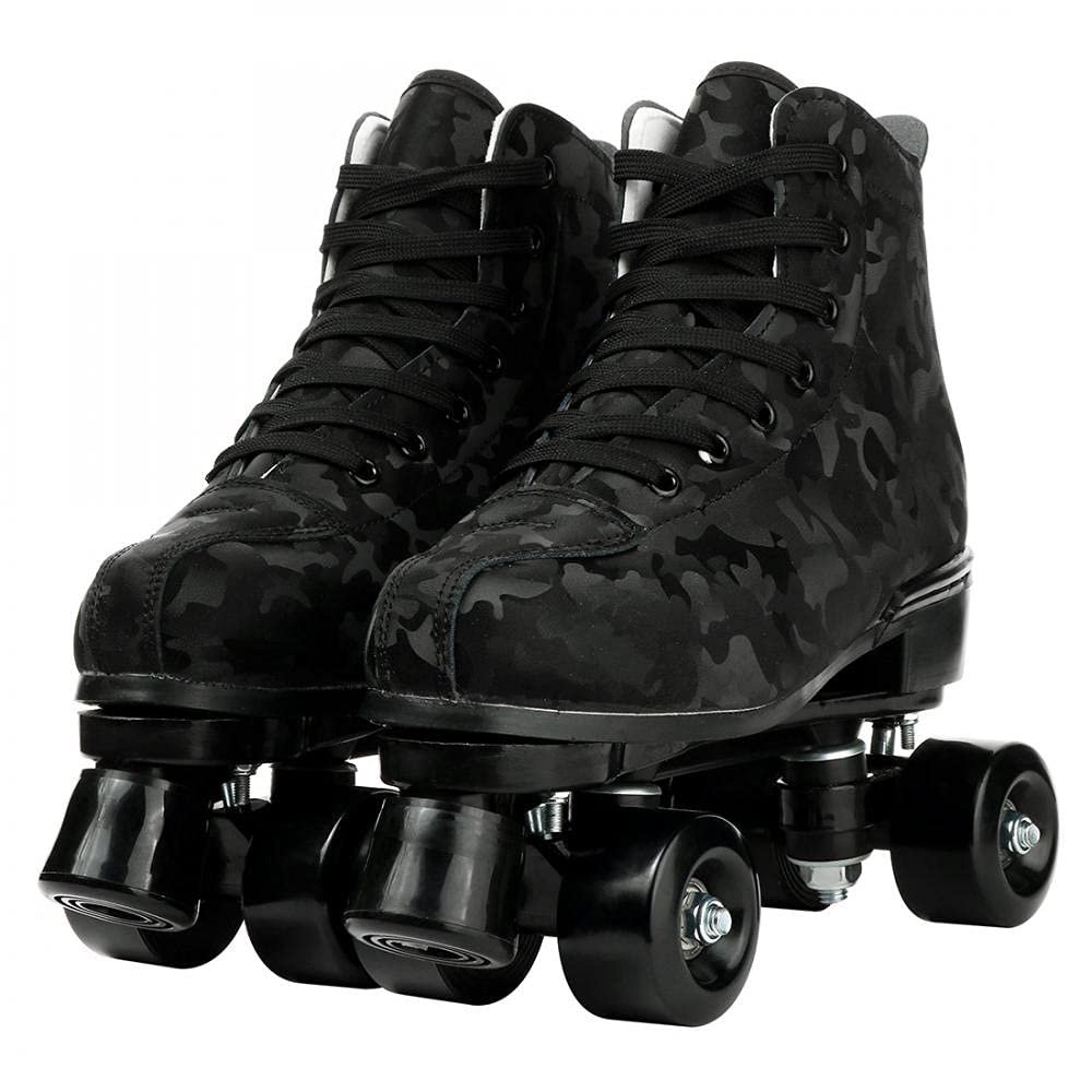Womens Roller Skates Classic High-top Roller Skates Four-Wheel Roller Skates Shiny Camouflage Roller Skates for Adult Youth Boys Girls Outdoor with Shoes Bag (Black camo,38-US:7)