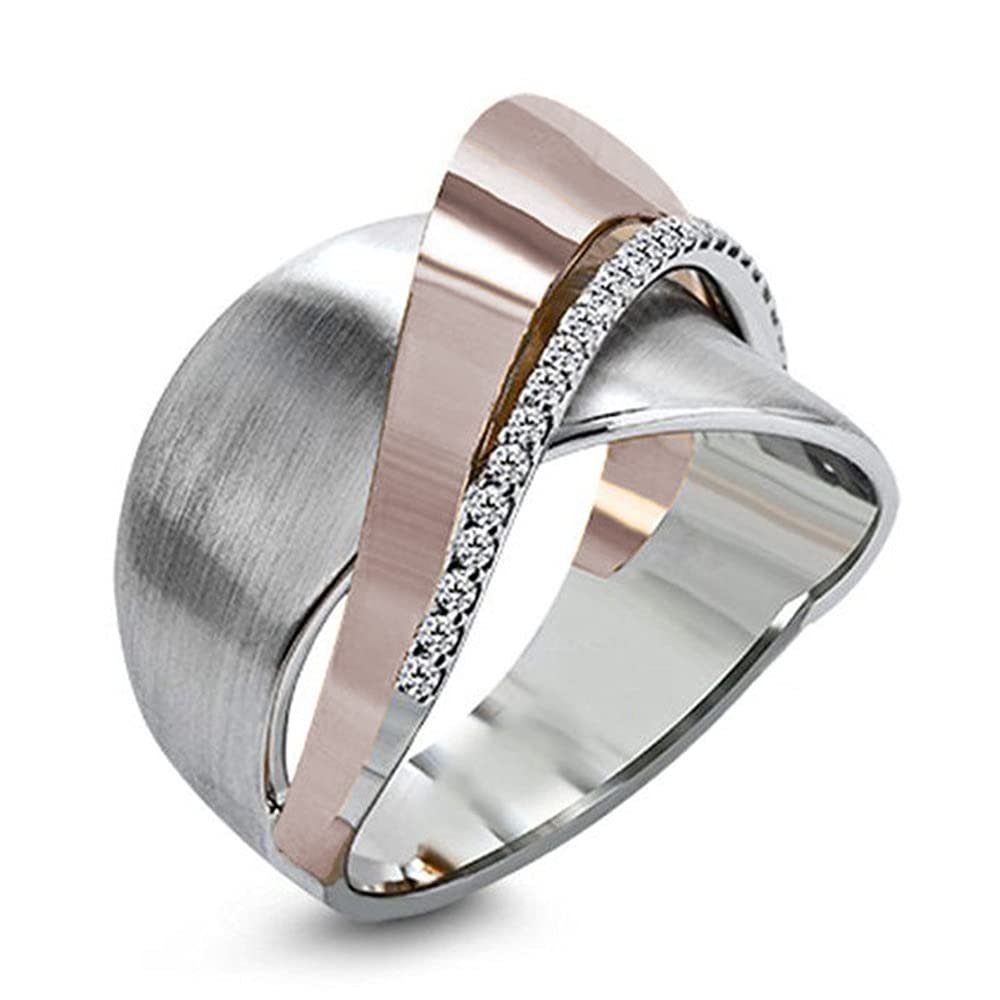 18K White/Rose Gold Plated Two-Tone Bow Knot Cross Ring Micro Inlaid Fashion Multi Row Ring Eternity Engagement Wedding Band Ring for Women and Men Size 5-11 ST.202 (10)