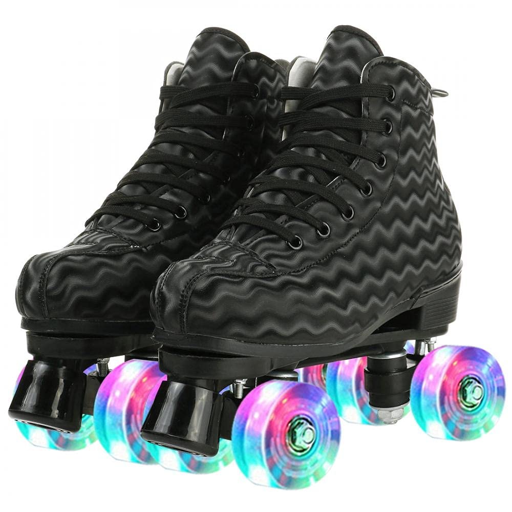 jessie Womens Roller Skates Water Ripple High-top Roller Skates Four-Wheel Roller Skates Shiny Roller Skates for Adult Youth Boys Girls Outdoor with Shoes Bag (Black ripple flash,US:9)