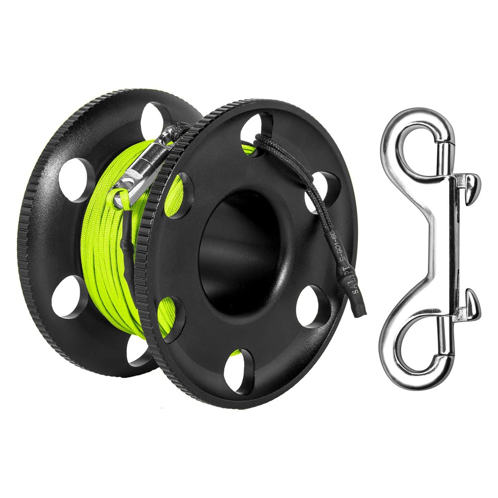 100FT Scuba Diving Reel with Bolt Snap, Aluminum Alloy Finger Spool with Braided Nylon Line Big Dive Reel for Scuba, Snorkeling, Spearfishing, Cave & Wreck Diving (Yellow Line Black Reel)