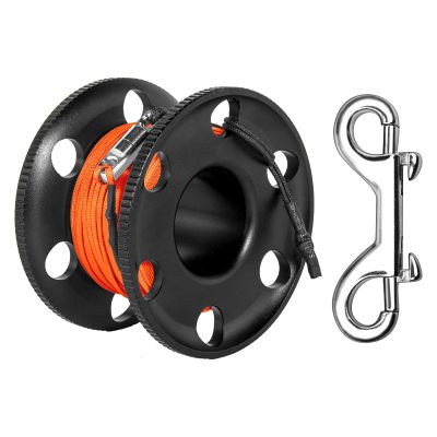 100FT Scuba Diving Reel with Bolt Snap, Aluminum Alloy Finger Spool with Braided Nylon Line  Big Dive Reel for Scuba, Snorkeling, Spearfishing, Cave & Wreck Diving (Orange Line Black Reel)