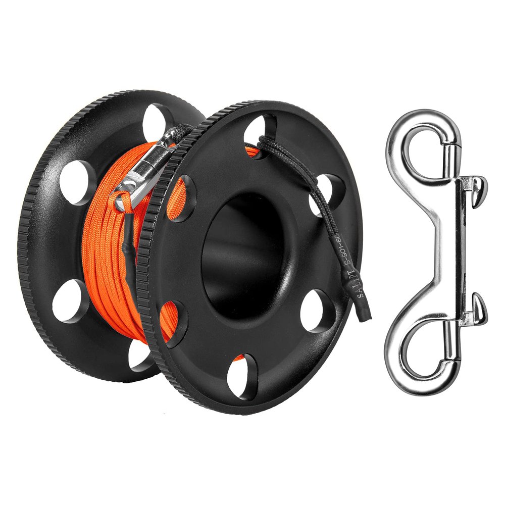 100FT Scuba Diving Reel with Bolt Snap, Aluminum Alloy Finger Spool with Braided Nylon Line Big Dive Reel for Scuba, Snorkeling, Spearfishing, Cave & Wreck Diving (Orange Line Black Reel)