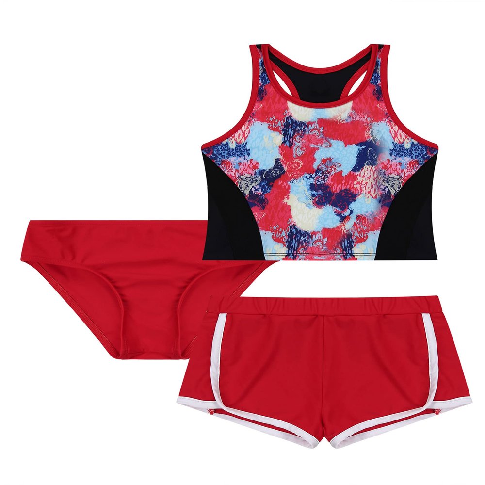 Nikiikoo Kids Girls 3Pcs Active Sports Suit Racer Back Crop Top with Swim Boyshorts Tankini Swimsuit Rose Red 4 Years