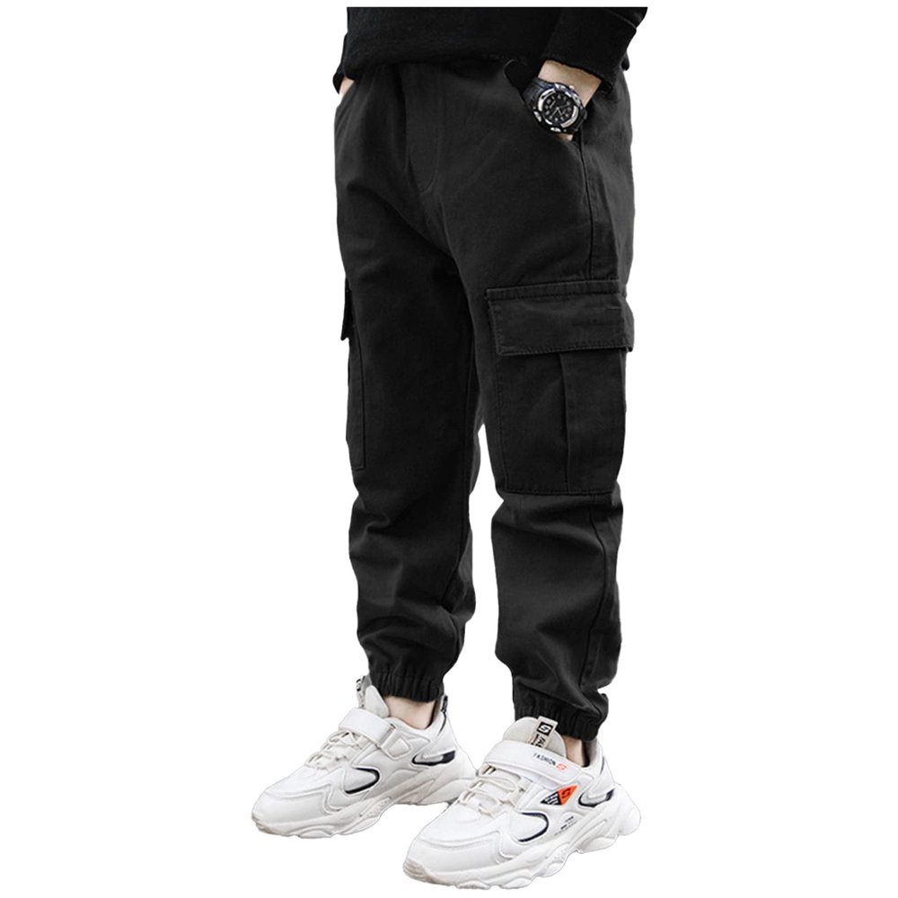 FEESHOW Boys Kids Casual Cargo Pants Hiking Pants Solid Color Cotton Loose Fit Sweatpants Trousers for Sports Dancewear Black 10 Years