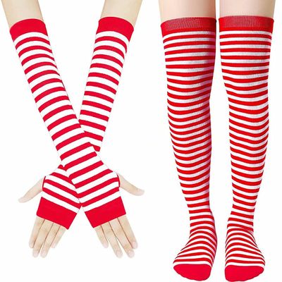 Mesyo Goth Gloves Fingerless Womens Socks Knit Striped Knee High Socks Set Red White, One Size