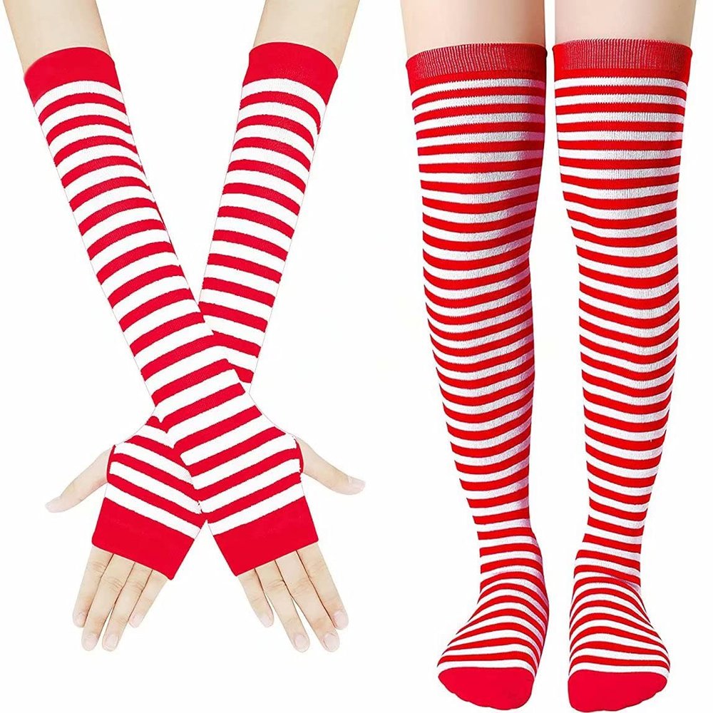 Mesyo Goth Gloves Fingerless Womens Socks Knit Striped Knee High Socks Set Red White, One Size