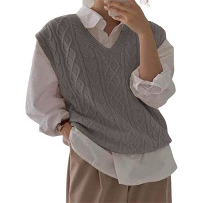 Women's V Neck Sweater Vest Oversized Sleeveless Loose Knit Tops Cable Sleeveless Sweater Grey