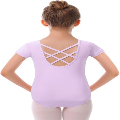 MdnMd Dance Gymnastic Leotards for Girls Ballet Short Sleeve Outfit with Cross Back Detail (Lavender Purple, Age 10-12)