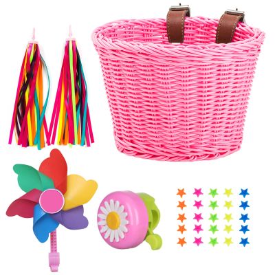 Pink Bicycle Basket for Girls, Adjustable Front Handlebar Bike Basket with Bike Streamers Set Bell/Bicycle Windmill/Bicycle Wheel Beads DIY Bike Decoration Accessories Kit Gift
