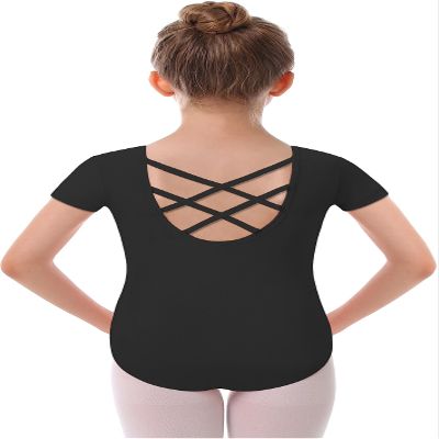 MdnMd Girls Toddler Dance Leotards for Ballet Gymnastic Short Sleeve Outfit with Cross Back Detail (Black, Age 4-5 / 4t,5t)