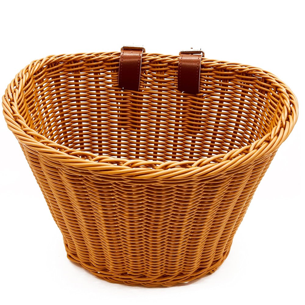 Adult Cute Brown Leather Belt Bicycle Basket with Easy Attach for Front Handlebar