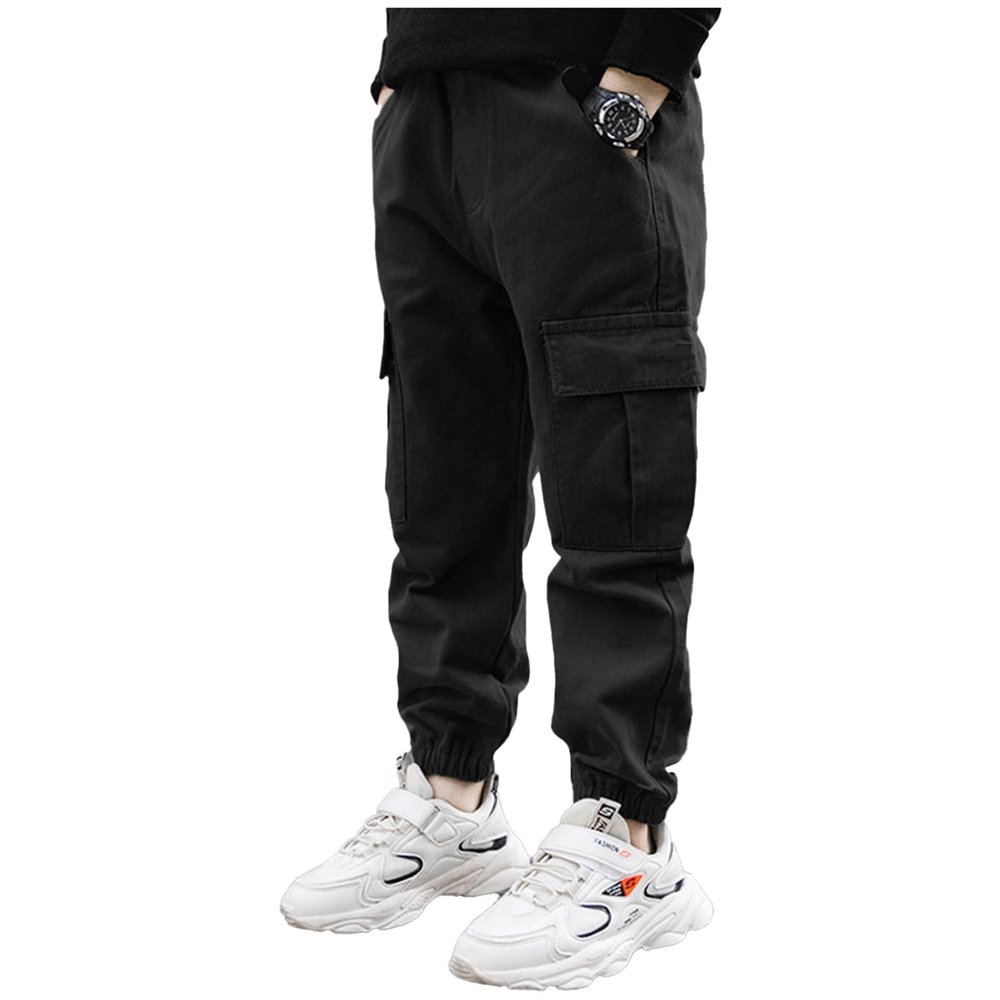 Agoky Boys' Cargo Jogger Pants Hip Hop Jazz Dance Trousers Elastic Waist Casual Sports Sweatpants with Pockets Black 10 Years