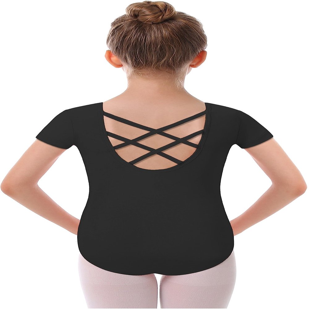 MdnMd Dance Gymnastic Leotards for Girls Black Ballet Short Sleeve Outfit with Cross Back Leotard (Black, Age 10-12)
