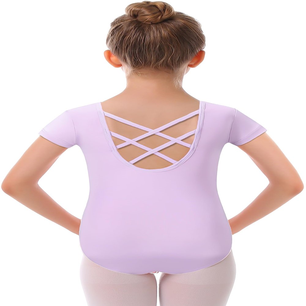 MdnMd Leotards for Girls Kids Dance Ballet Gymnastic Outfit Short Sleeve with Cross Back Detail (Lavender Purple, Age 6-7)