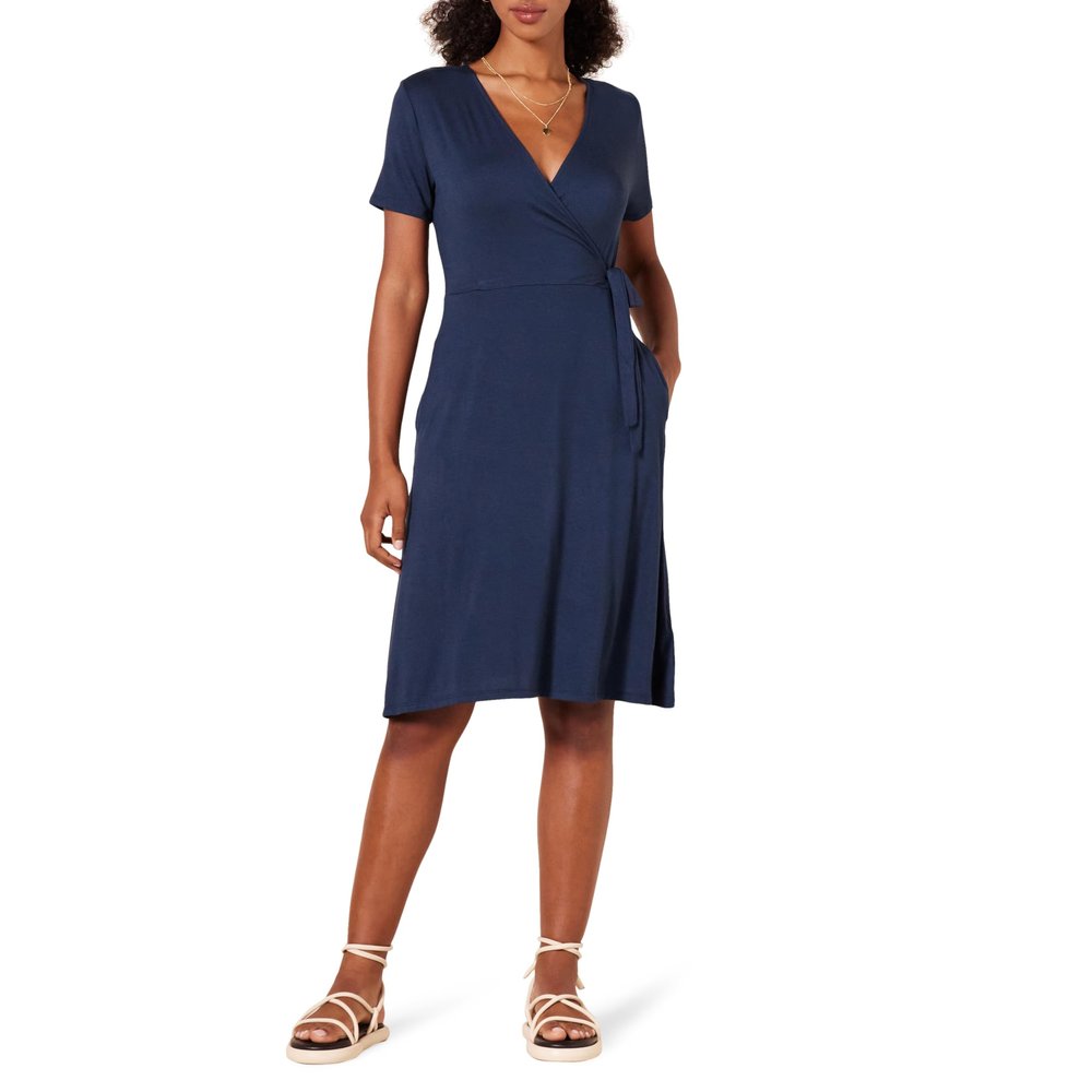 Amazon Essentials Women's Short Sleeve Faux-Wrap Dress, Navy, Medium