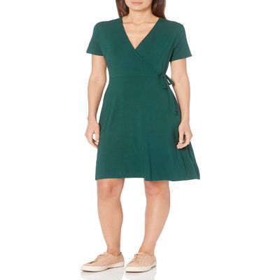 Amazon Essentials Women's Short Sleeve Faux-Wrap Dress, Jade Green, XX-Large