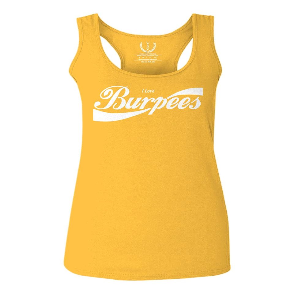 0136. Workout Graphic I Love Burpees Gym Lift Fitness Women's Tank Top Racerback (Gold Medium)