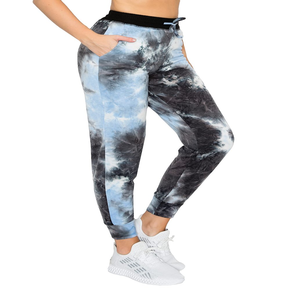 ALWAYS Women's French Terry Joggers - Tie Dye Casual Elastic Drawstring with Pockets Pants Black Blue M