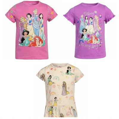 Disney Little Girl's 3 Pack Short Sleeve Tees, Princess and Frozen Styles (Princess, 4T)