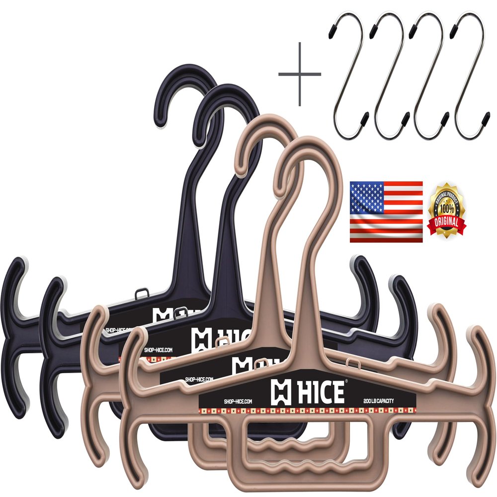 HICE Hanger | Bundle of 4 Hangers | Original Heavy Duty Hanger | 200 lb Load Capacity | for Body Armor, Police Gear, Military Gear, Survival Gear and Equipment (Black and Tan)