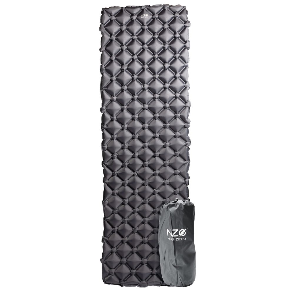 NEAR ZERO Ultralight Inflatable Sleeping Pad Compact 14.5 oz Air Pad, Quick Inflate with 11 Breaths, Durable Rip-Resistant Nylon Ideal for Backpacking & Warm Weather, Gray
