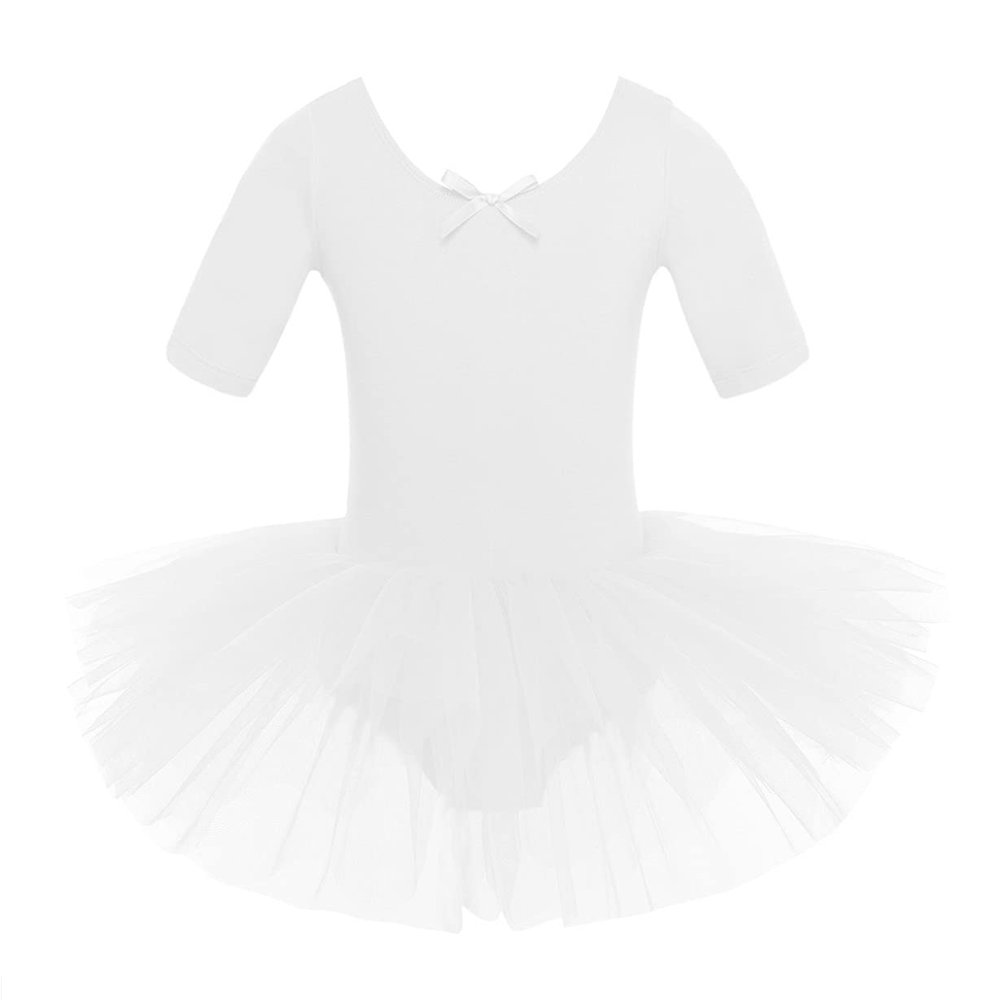 Freebily Girls Ruffle Flying Short Sleeve Ballet Dance Dress for Gymnastic Athletic Leotard Tutu Skirted Dancing Costume White 10-12