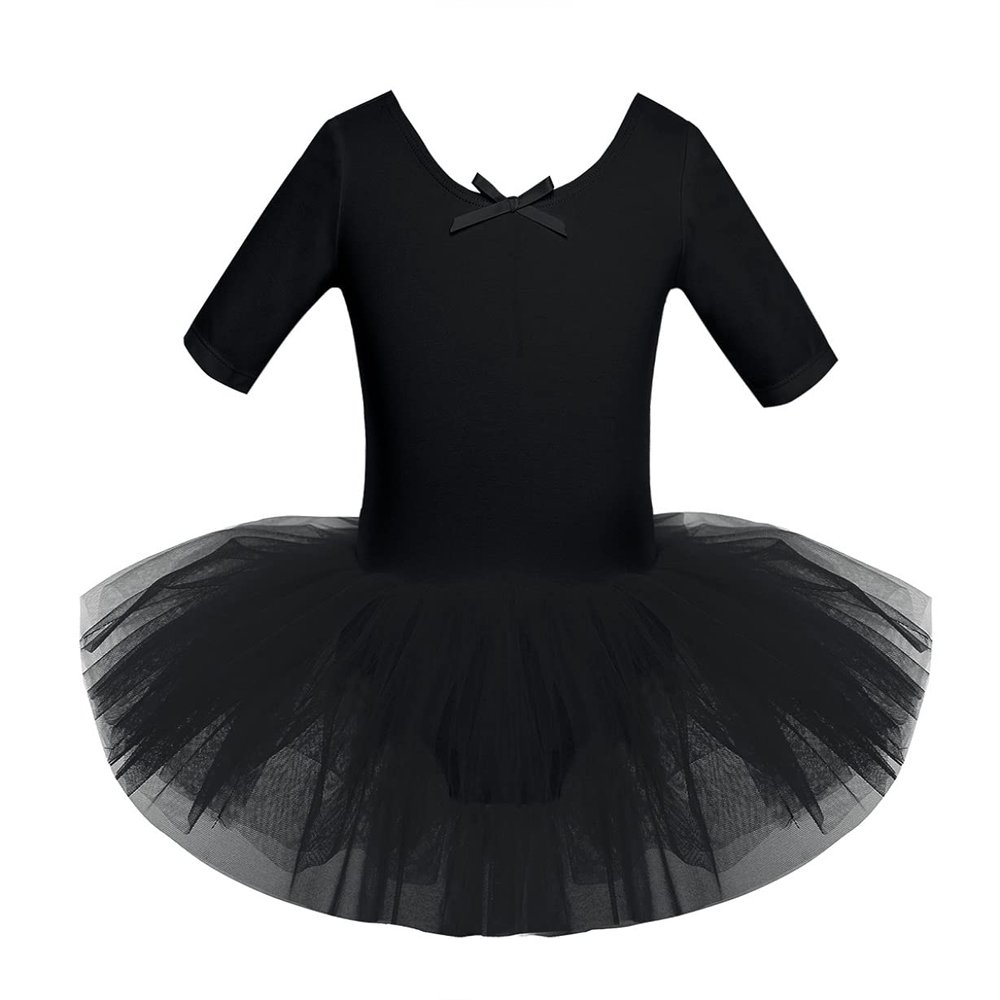 Freebily Girls Ruffle Flying Short Sleeve Ballet Dance Dress for Gymnastic Athletic Leotard Tutu Skirted Dancing Costume Black 12-14