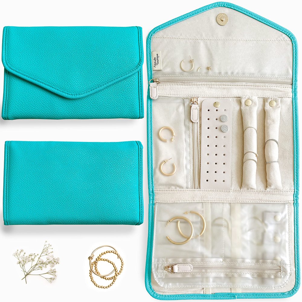 Altitude Boutique Travel Jewelry Organizer Roll Foldable Jewelry Case for Journey Packing Vacation-Rings, Necklaces, Bracelets, Earrings (Teal, Medium)