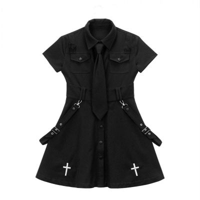 Goth Dress Punk Gothic Harajuku Summer Black Mini Dress Shirt Women Short Sleeve Emo Clothes Mall Goth Accessories(M)
