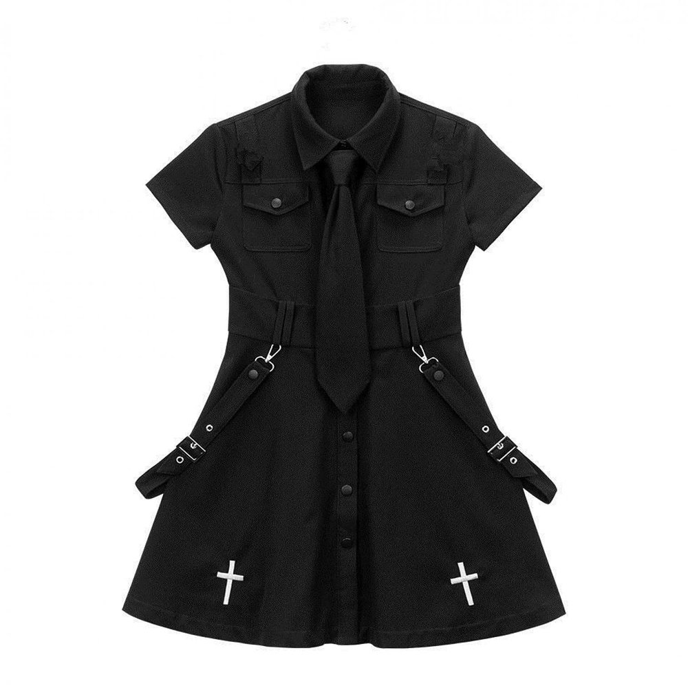 Goth Dress Punk Gothic Harajuku Summer Black Mini Dress Shirt Women Short Sleeve Emo Clothes Mall Goth Accessories(M)