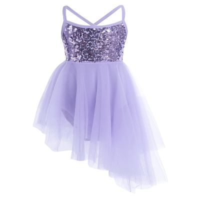 Agoky Kids Girls Sequined Ballet Dance Dress Lyrical Dance Costume Camisole Gymnastic Leotard Skirt with Tutu Dress Dancewear Purple 12-14