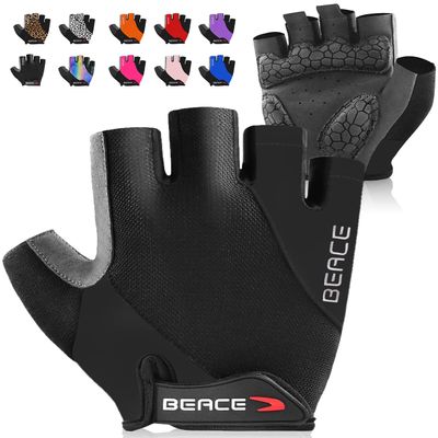 BEACE Cycling Gloves - Half Finger Road & Mountain Bike Gloves for Men & Women - Breathable, Anti-Slip, Shock-Absorbing Pads - Lightweight (Black, M)