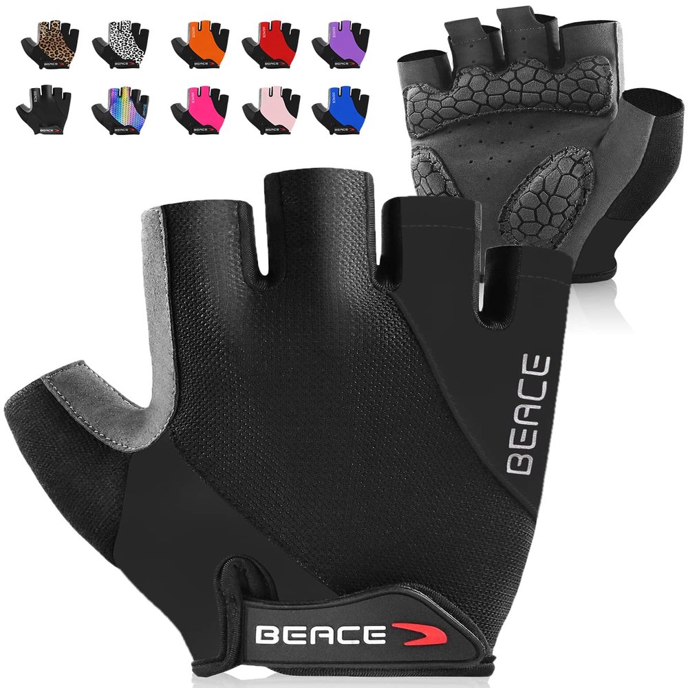 BEACE Cycling Gloves - Half Finger Road & Mountain Bike Gloves for Men & Women - Breathable, Anti-Slip, Shock-Absorbing Pads - Lightweight (Black, M)