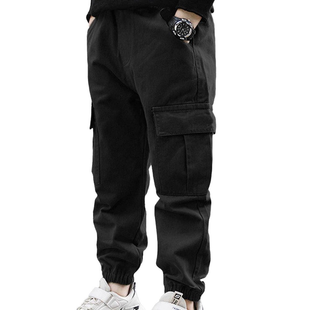 easyforever Boys Solid Color Cargo Pants Athletic Sports Casual Jogger Dungarees Trousers Hip Hop Dance Sweatpants Black 12 Years