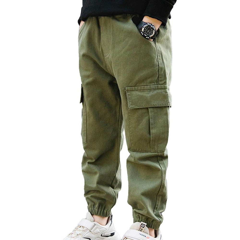 easyforever Boys Solid Color Cargo Pants Athletic Sports Casual Jogger Dungarees Trousers Hip Hop Dance Sweatpants Army_Green 10 Years