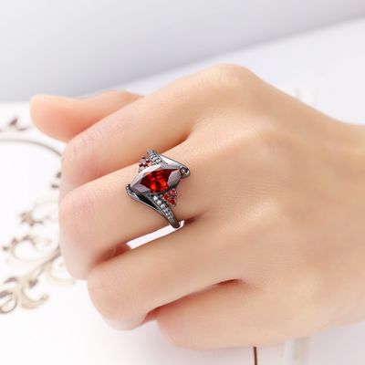 18K Gold Plated Shiny Half Full Diamond Marquise Cut Cubic Zirconia Sapphire Ring Red Garnet Gemstone Ring Eternity Engagement Wedding Band Ring for Women ST.208 (Black/red Stone, 6)