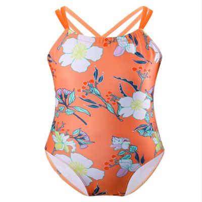 Freebily Girls Floral Printed One-Piece Swimsuit Kids Criss Cross Flounce Bathing Suit Swimming Leotard Orange C 14