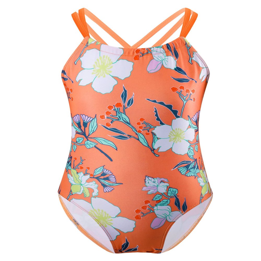 Freebily Girls Floral Printed One-Piece Swimsuit Kids Criss Cross Flounce Bathing Suit Swimming Leotard Orange C 14