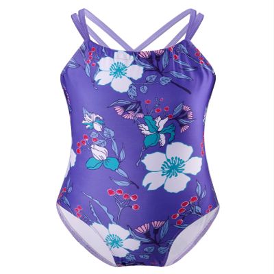 Freebily Girls Floral Printed One-Piece Swimsuit Kids Criss Cross Flounce Bathing Suit Swimming Leotard Purple 6