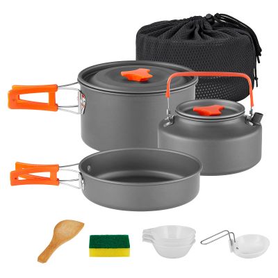 YETO Camping Cookware Set Hard-Anodized Aluminum Foldable Backpacking Camping Pots and Frying Pans Cooking Camp Kitchen Camping Mess Kit Eco-Friendly Cooker Set for 2-3 Persons,MediumGrey