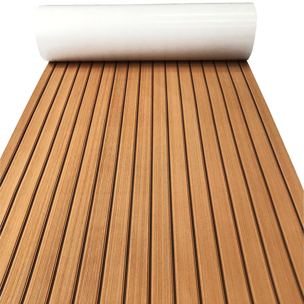 KXKZREN Boat Flooring EVA Foam Decking Sheet Faux Teak Marine Mat Non-Slip Boat Carpet Self-Adhesive Flooring for Jon Boats Motorboat RV Yacht Kayak Swim Platform 35.4 x 94.5 inch,23.25 sq.ft