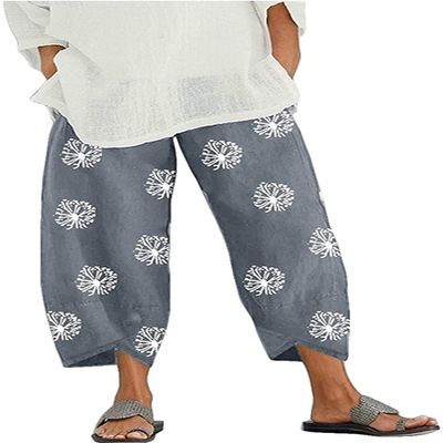 DLFE Summer Pants for Women Casual Pockets Cotton Linen Wide Leg Drawstring Elastic Waist Capris Crop Pants (Small,2-Gray)